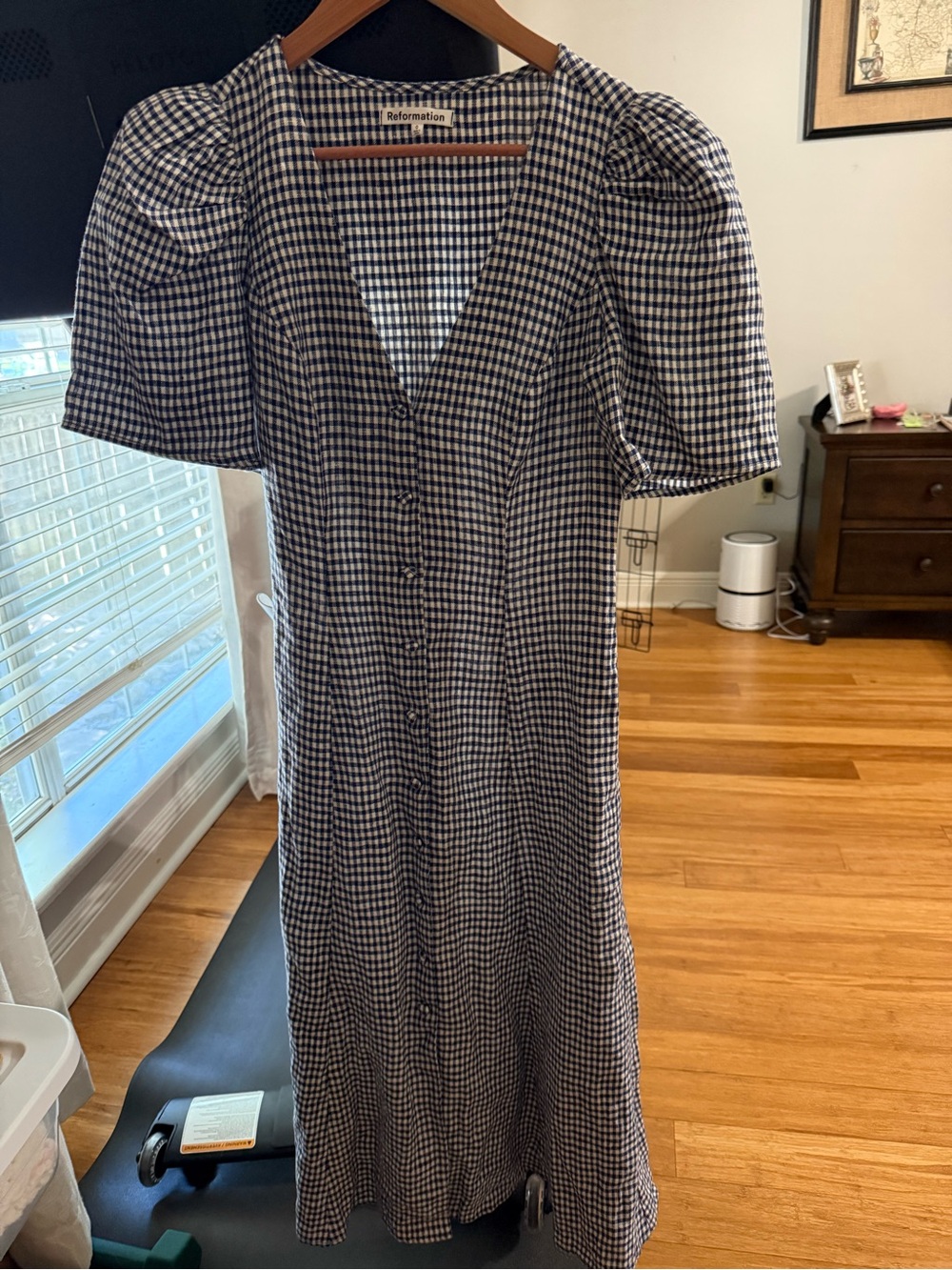 Reformation Navy and White Gingham Midi Dress with Puff Sleeves